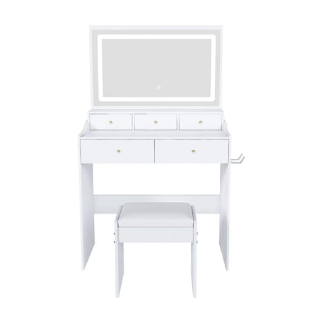 Modern Makeup Vanity Set With Power Outlet, Hair Dryer Holder, And Adjustable Lighting - Furniture Home Direct