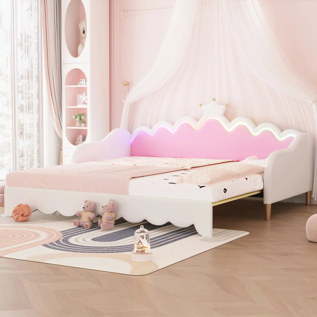 Extending Daybed With LED Lights, Modern Upholstered Princess Daybed With Crown Headboard - Furniture Home Direct