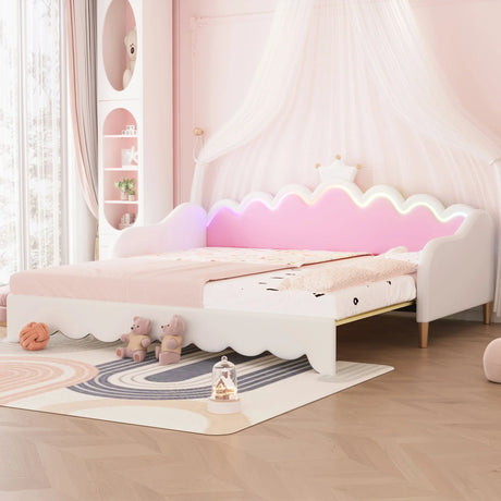 Extending Daybed With LED Lights, Modern Upholstered Princess Daybed With Crown Headboard - Furniture Home Direct