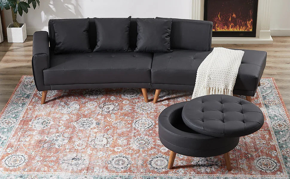 107 Inch Black Sectional With Round Storage Ottoman - Furniture Home Direct
