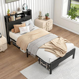 Modern Metal Platform Bed Frame With Storage Headboard And Charging Station - Furniture Home Direct