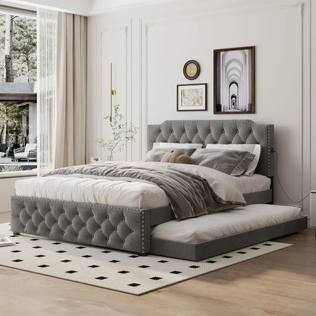 Upholstered Platform Bed With Trundle And 2 Sets Of USB Ports On Each Side, Linen Fabric - Furniture Home Direct