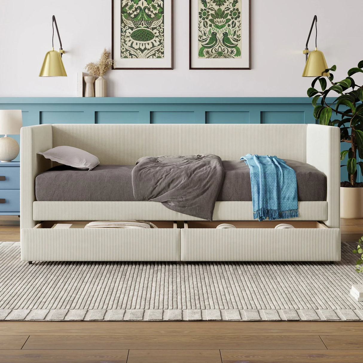 Corduroy Daybed With Two Drawers And Wood Slat - Furniture Home Direct