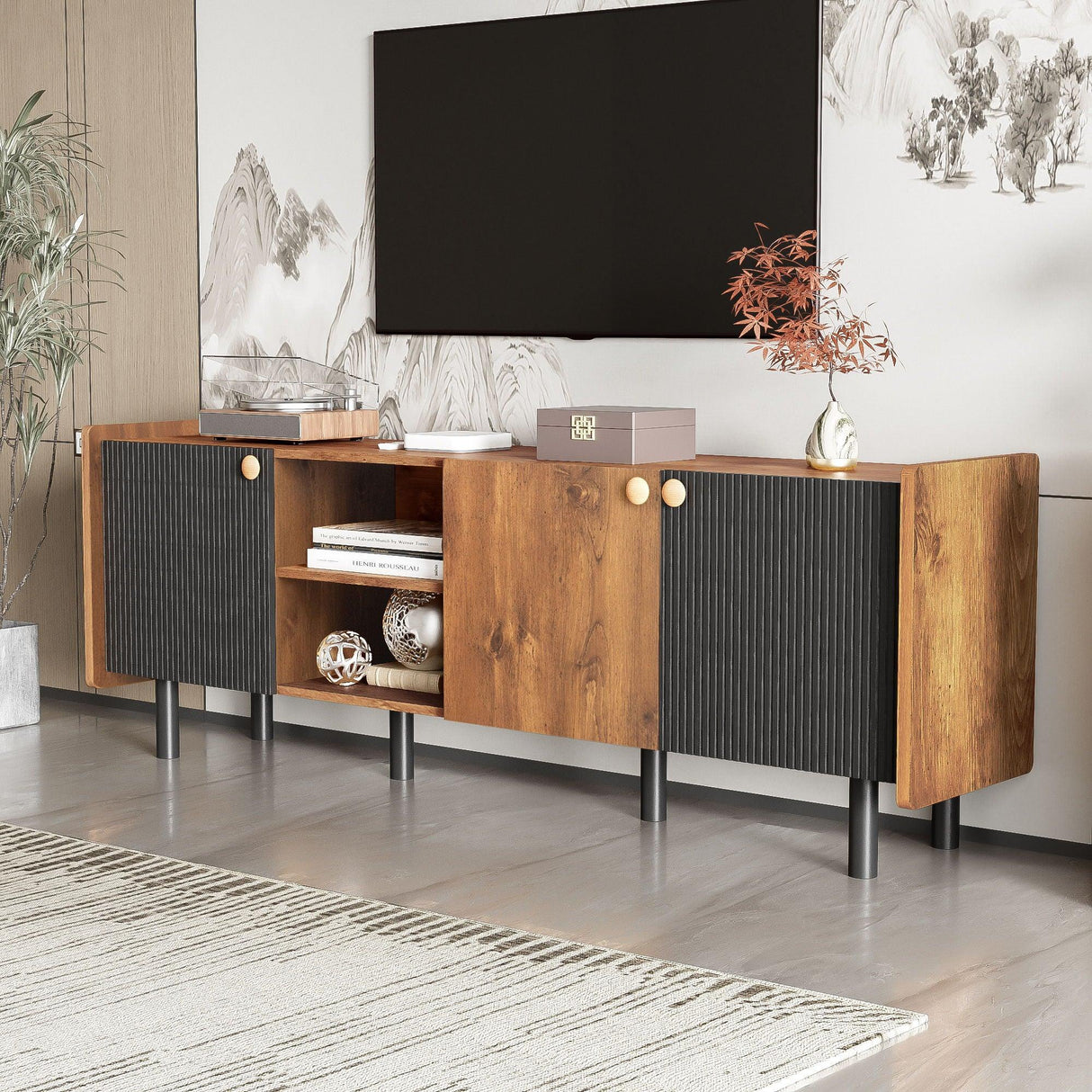 Mid Century TV Stand & 3 Cabinets, Media Console Table For Tvs Up To 70'', Entertainment Center With Storage For Living Room - Black / Brown - Furniture Home Direct