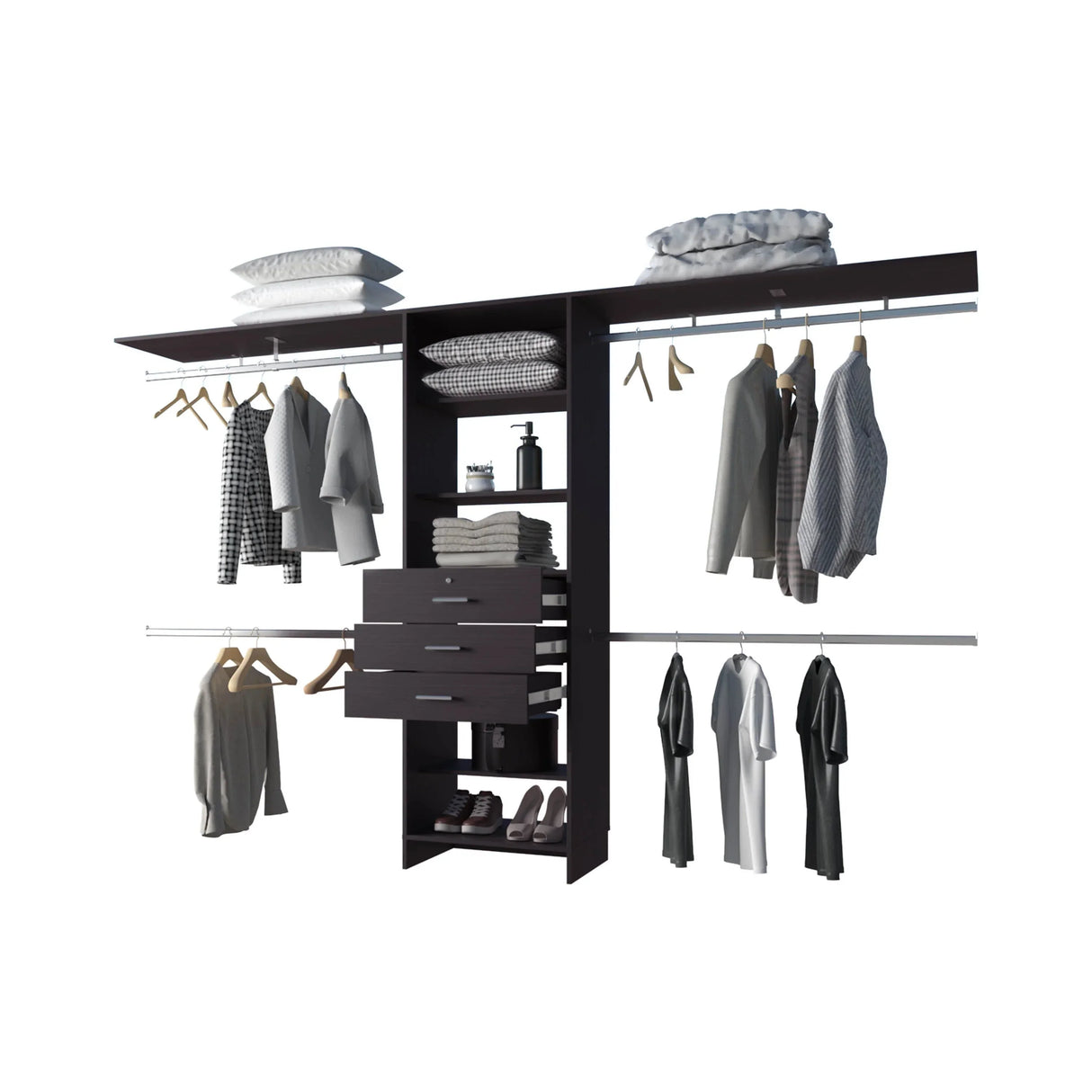 Closet System Modular with Hanging Rods Drawers Dark Brown - Furniture Home Direct