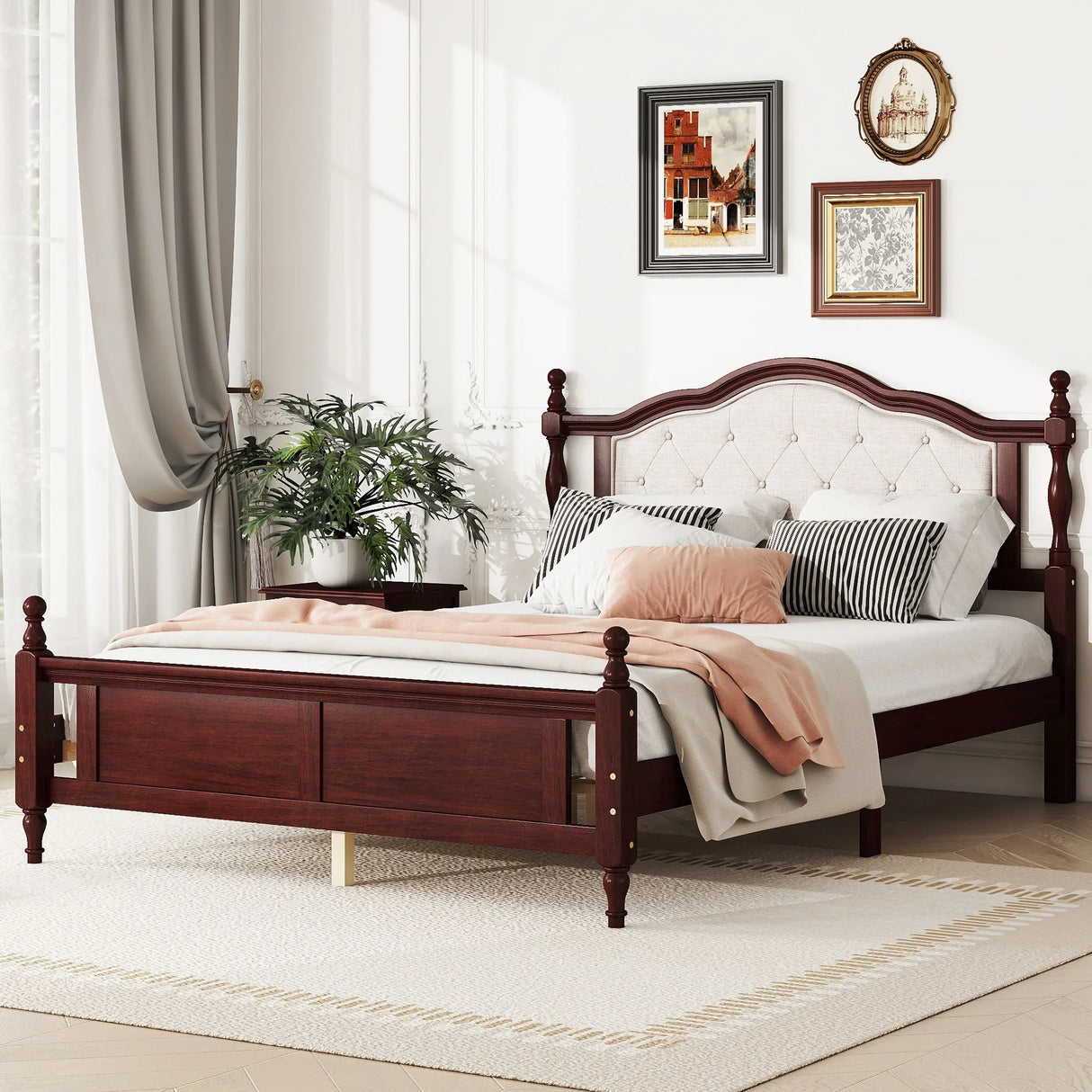Pine Wooden Bed With Upholstered Headboard And Panel Footboard, With Two Bed Rail Support Feet And Central Platform Support Feet - Furniture Home Direct