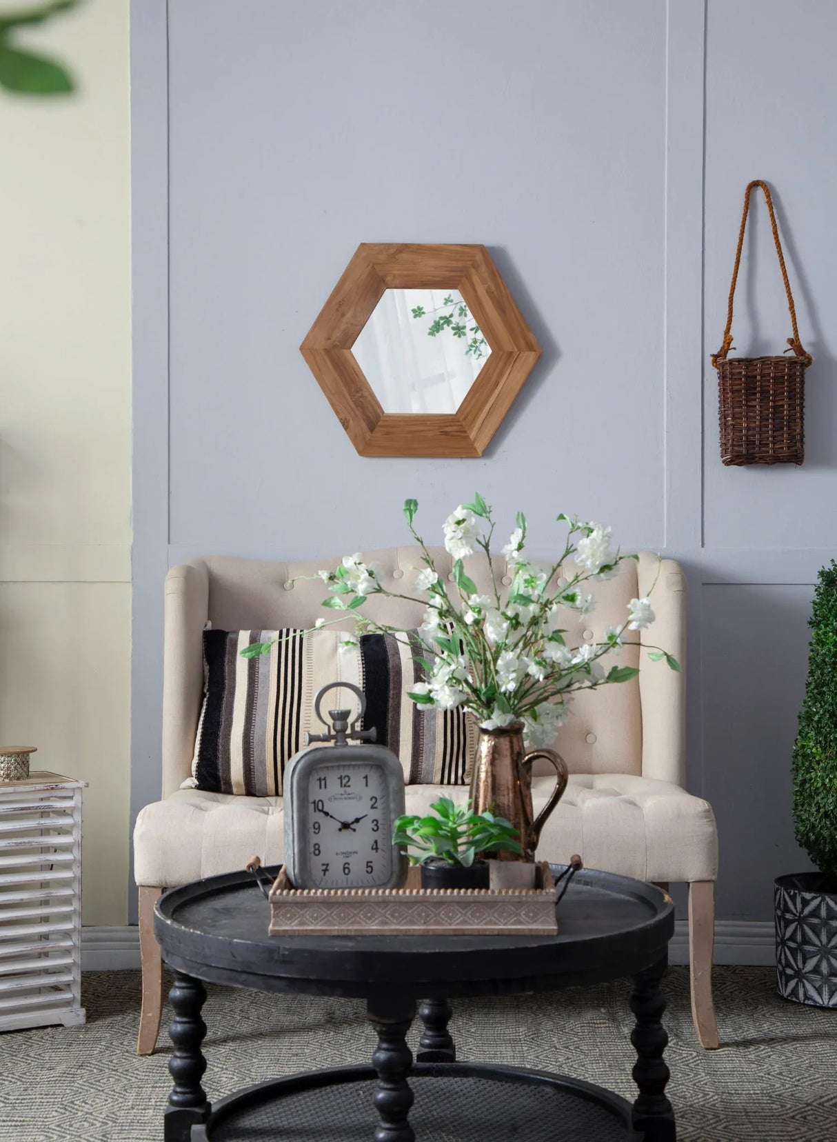 Hexagon Mirror With Natural Wood Frame, Wall Decor For Living Room Bathroom Hallway - Furniture Home Direct