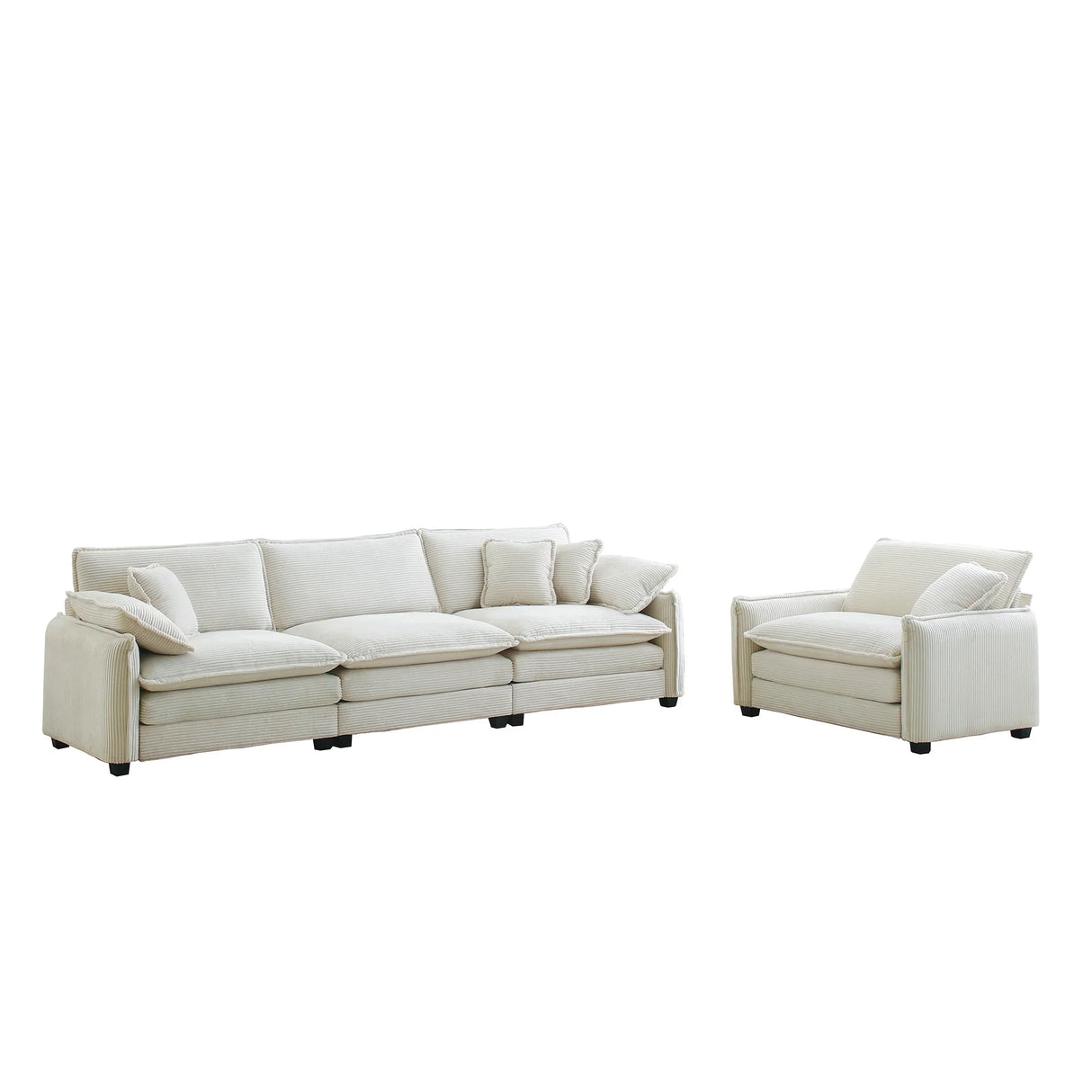 Mid-Century Modern Sofa with 4 Throw Pillows and Accent Chair, Beige Corduroy Fabric - Furniture Home Direct