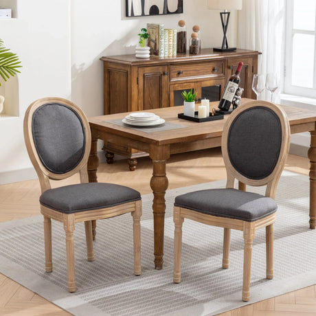 French Style Solid Wood Frame Antique Painting Linen Fabric Back Dining Chair (Set of 2) - Furniture Home Direct