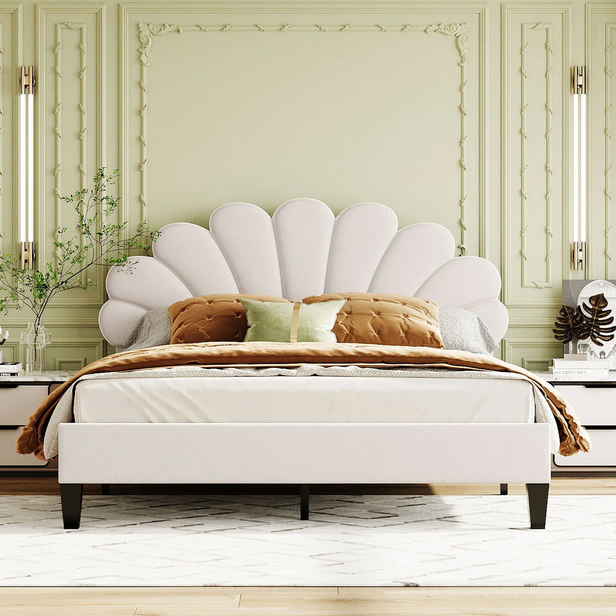 Upholstered Platform Bed With Flower Pattern Velvet Headboard - Furniture Home Direct