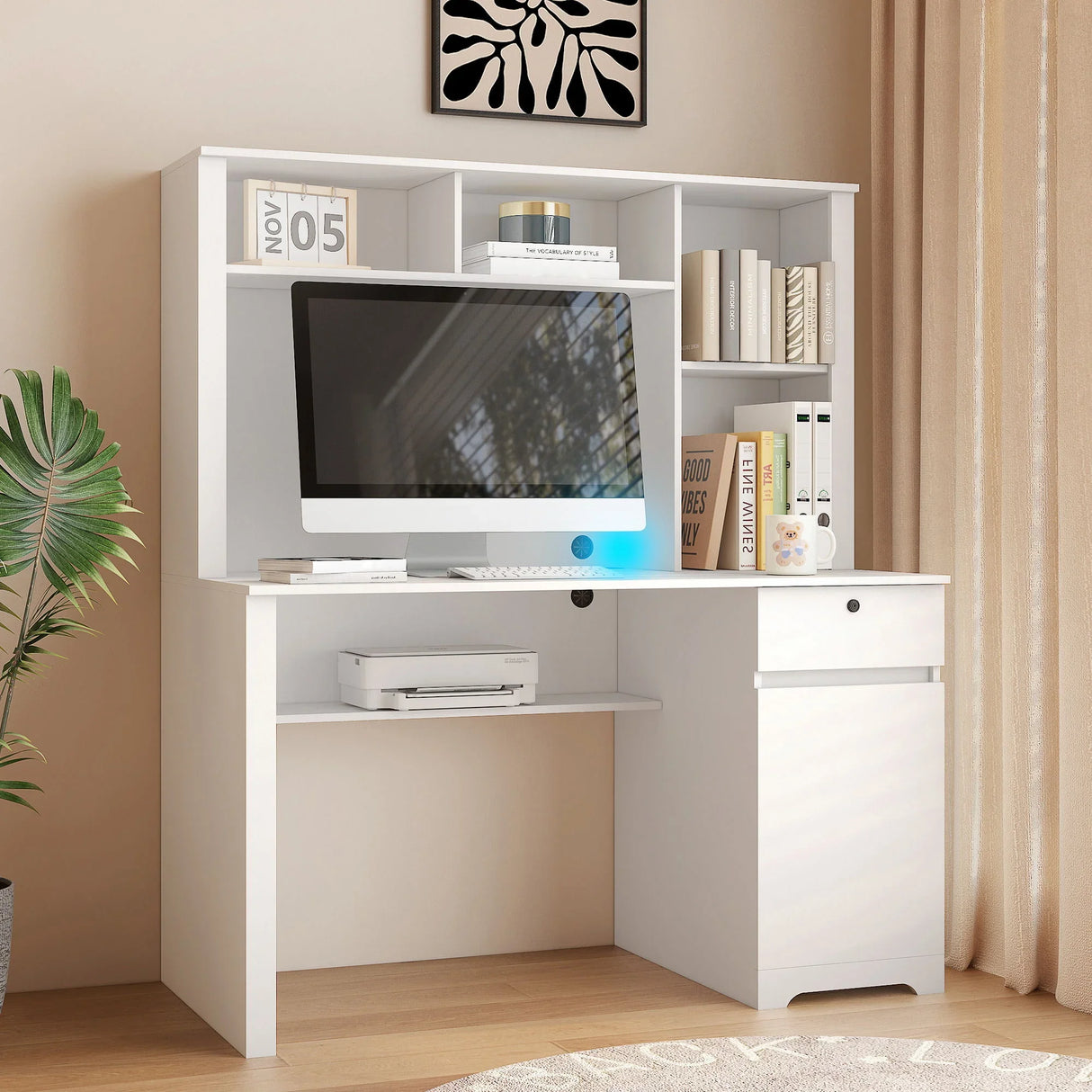 Computer Desk With Hutch & Bookshelf, Wood Executive Desk Teens Student Desk Writing Laptop Home Office Desk With Drawers, 3 Ac Outlets And 2 USB Charging Ports, Study Laptop Table For Home - White - Furniture Home Direct