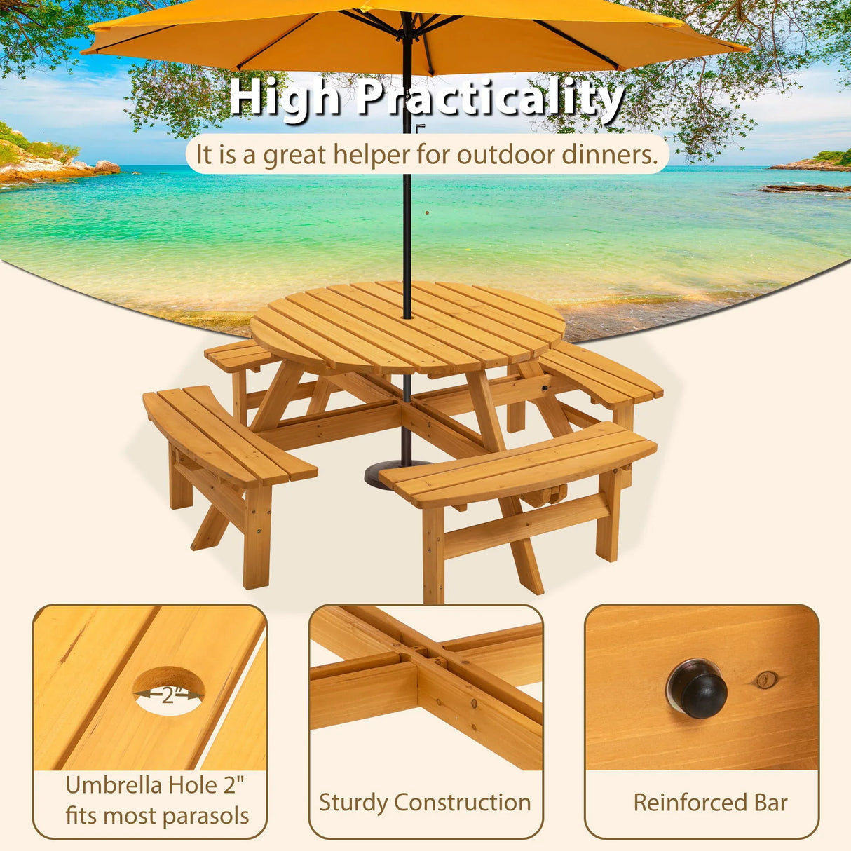 8 Person Wooden Picnic Table, Outdoor Camping Dining Table With Seat, Garden, Diy With 4 Built-In Benches, 2220Lb Capacity - Furniture Home Direct