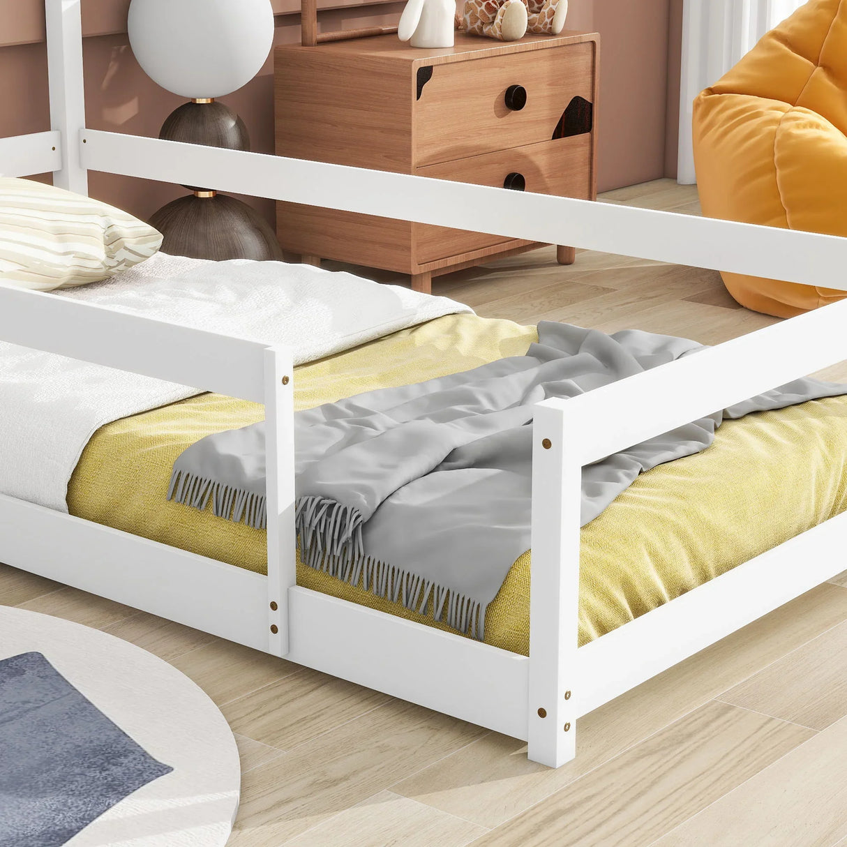 Wood Bed With House Shaped Headboard Floor Bed With Fences - Furniture Home Direct