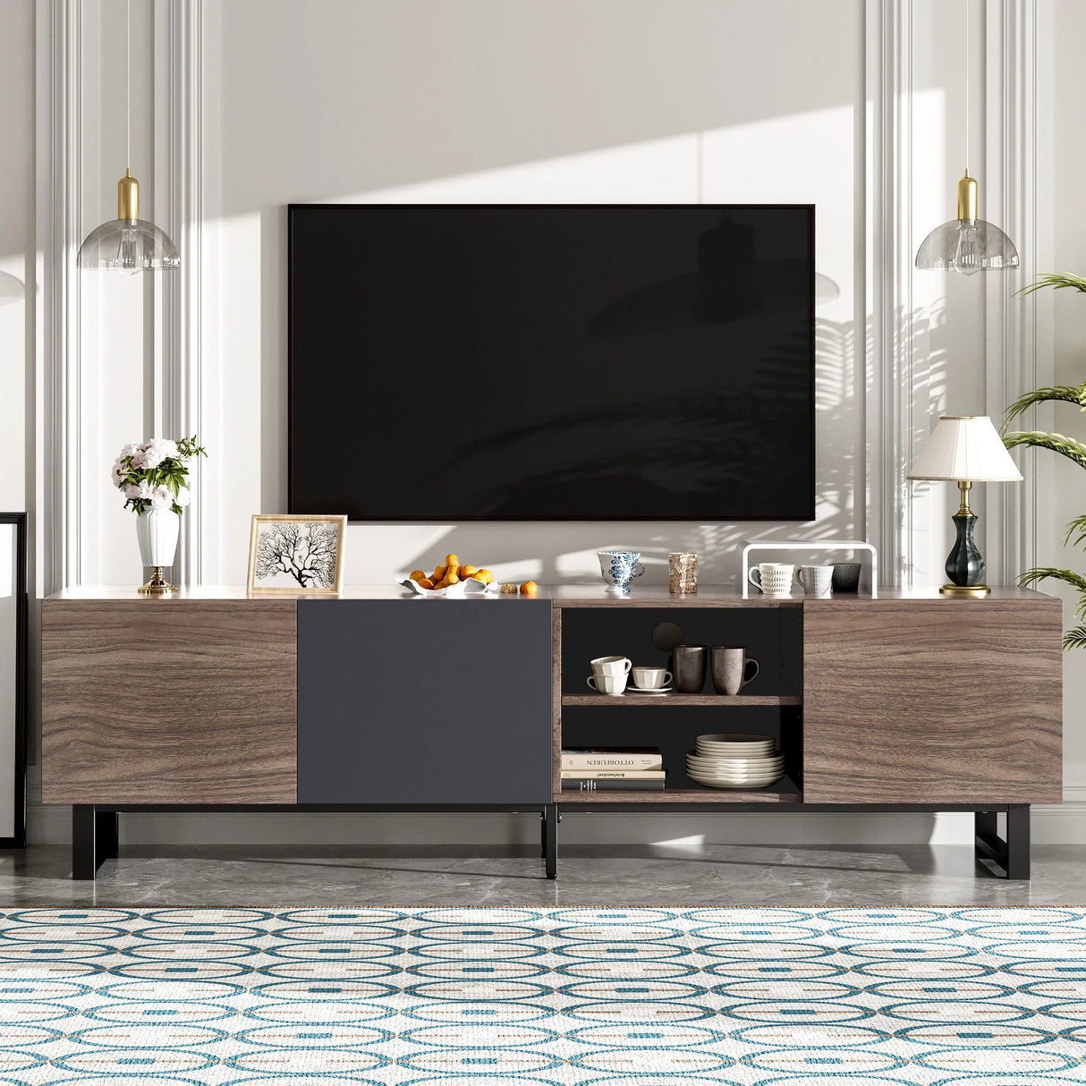 Modern TV With 3 Cabinets & Open Shelves, Color-Matching Media Console Table For Tvs Up To 80'', Entertainment Center With Drop Down Door For Living Room - Dark Brown - Furniture Home Direct