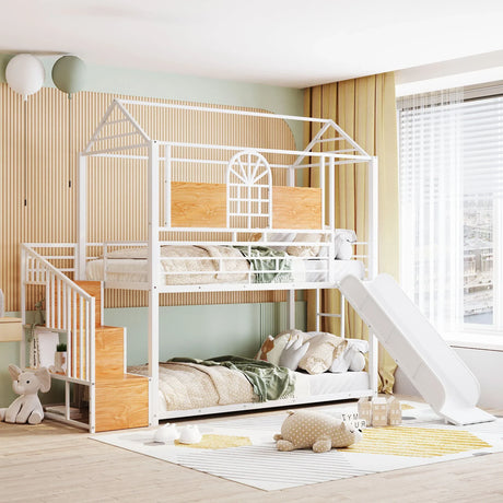 Metal Bunk Bed, Metal Housebed With Slide And Storage Stair - Furniture Home Direct