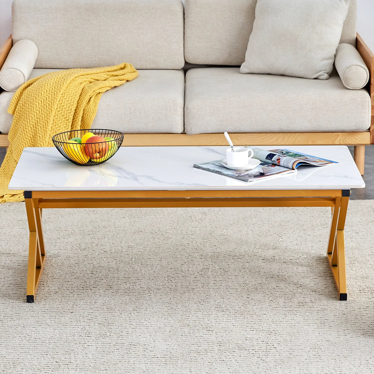 Coffee Table Marble Top Contemporary With Gold Frame White - Furniture Home Direct