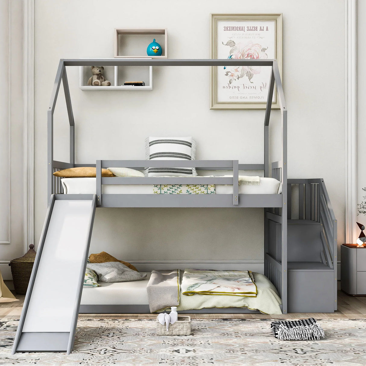 Twin Over Twin House Bunk Bed With Convertible Slide, Storage Staircase - Furniture Home Direct