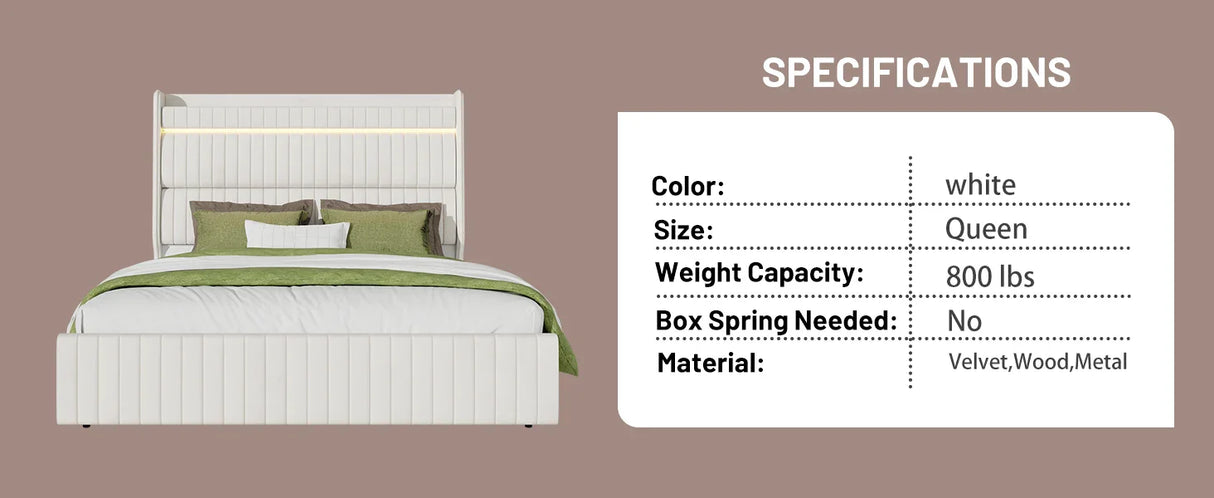 Queen Bed Upholstered With LED Lighting Headboard Beige - Furniture Home Direct