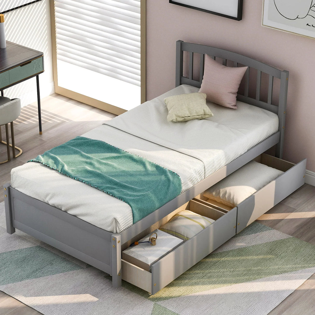 Platform Storage Bed Wood Bed Frame With Two Drawers And Headboard - Furniture Home Direct