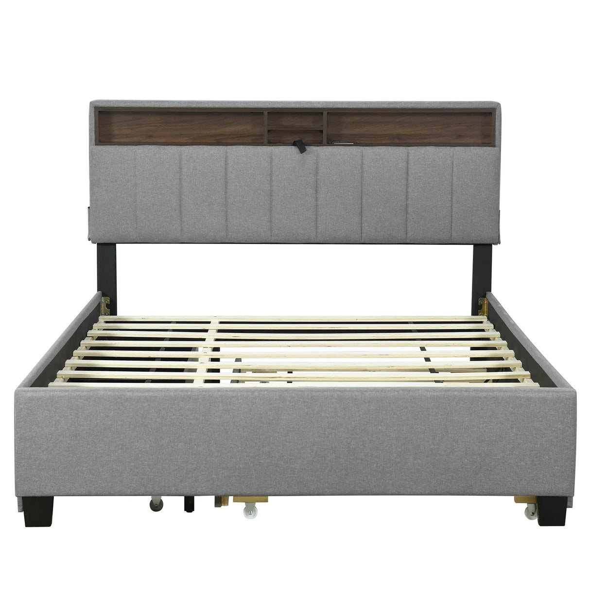 Upholstered Platform Bed With Storage Headboard, Trundle & 2 Drawers And A Set Of Sockets & USB Ports - Furniture Home Direct