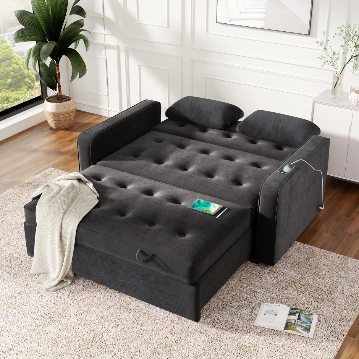 66.5" Upholstered Loveseat With Pull Out Bed, Two Throw Pillows, Dual USB Charging Port and Adjustable Backrest - Black - Furniture Home Direct
