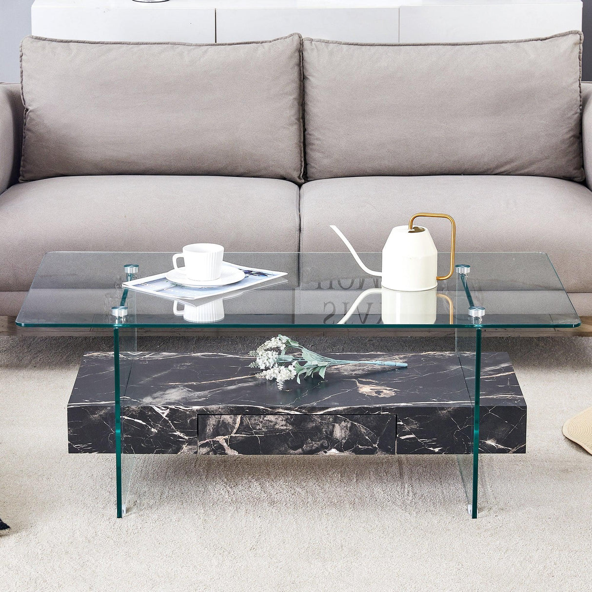 Coffee Table Two-Tier Glass With Solid Marble Base Black - Furniture Home Direct