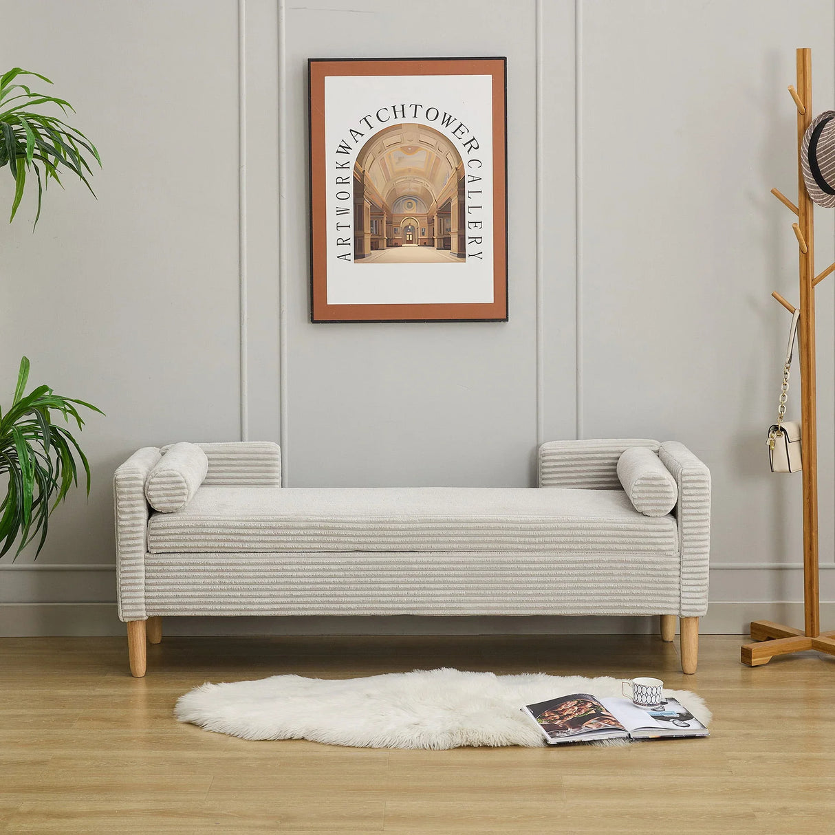 Wide Corduroy Storage Soft Bench With Armrests, Backrest And Two Bolster Pillows - Furniture Home Direct