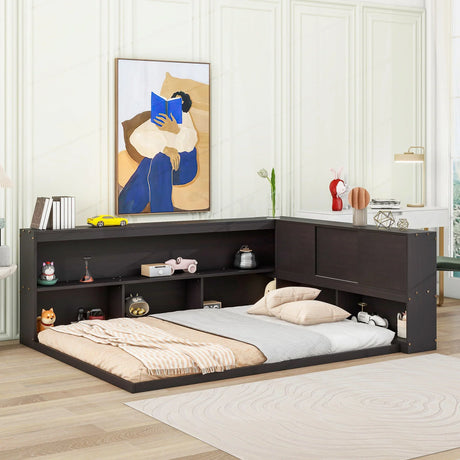 Floor Bed With L-Shaped Bookcases, Sliding Doors, Without Slats - Furniture Home Direct