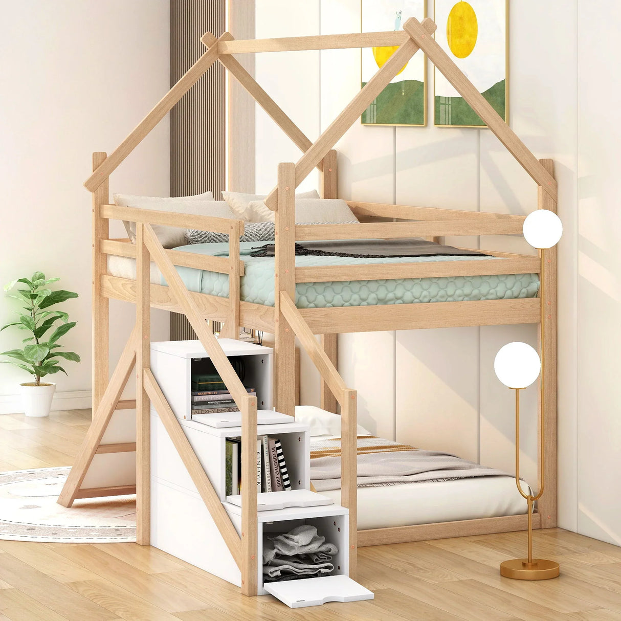 Twin Over Twin House Loft Or Bunk Bed With Slide And Staircase - Furniture Home Direct