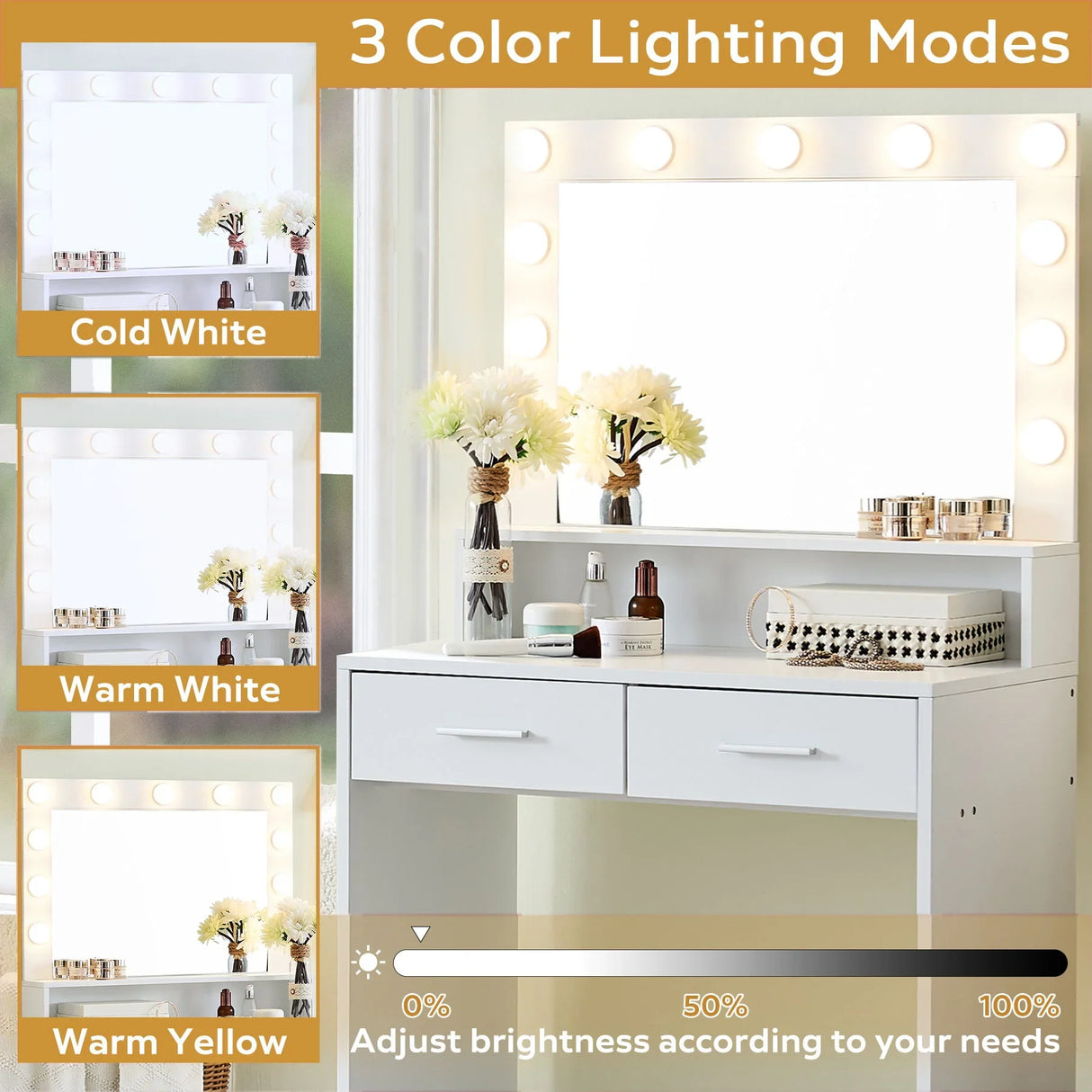 Vanity Desk With Mirror And Lights, Dressing Table With Large Drawer, 2 Level Storage Dresser & 3 Lighting Modes Adjustable Brightness, Suitable For Bedroom - Furniture Home Direct