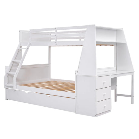 Twin Over Full Bunk Bed With Trundle And Built-In Desk, Three Storage Drawers And Shelf - White - Furniture Home Direct