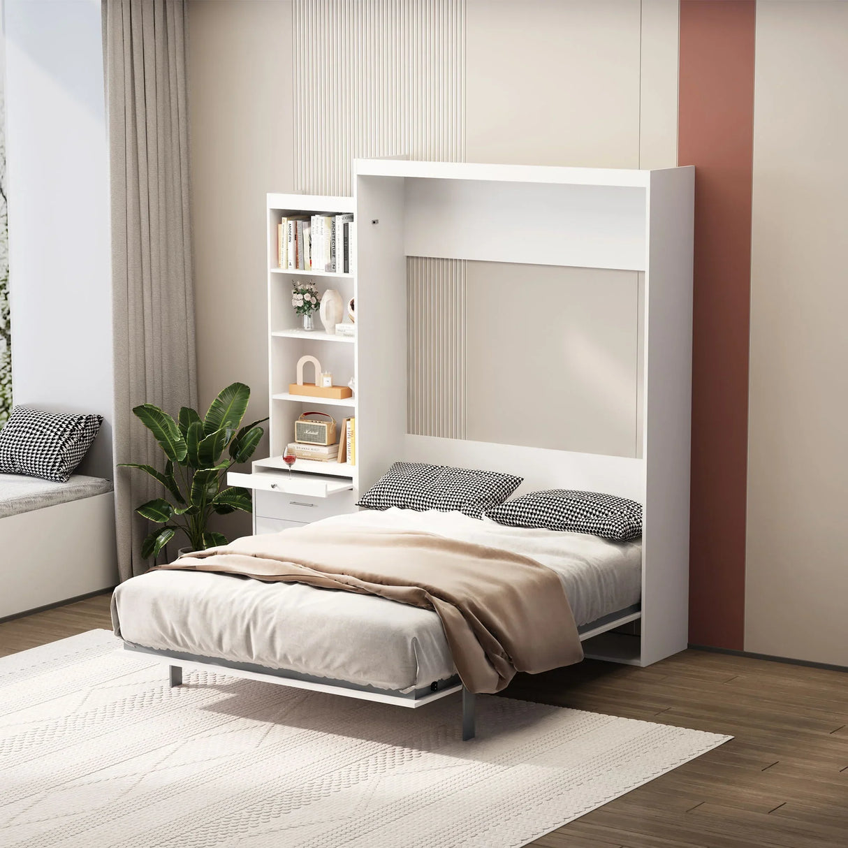 Morden Deisgn Vertical Murphy Bed With Shelf And Drawers For Bedroom Or Guestroom Wall Bed Space Saving Hidden Bed With New Style Gas Struts - Furniture Home Direct