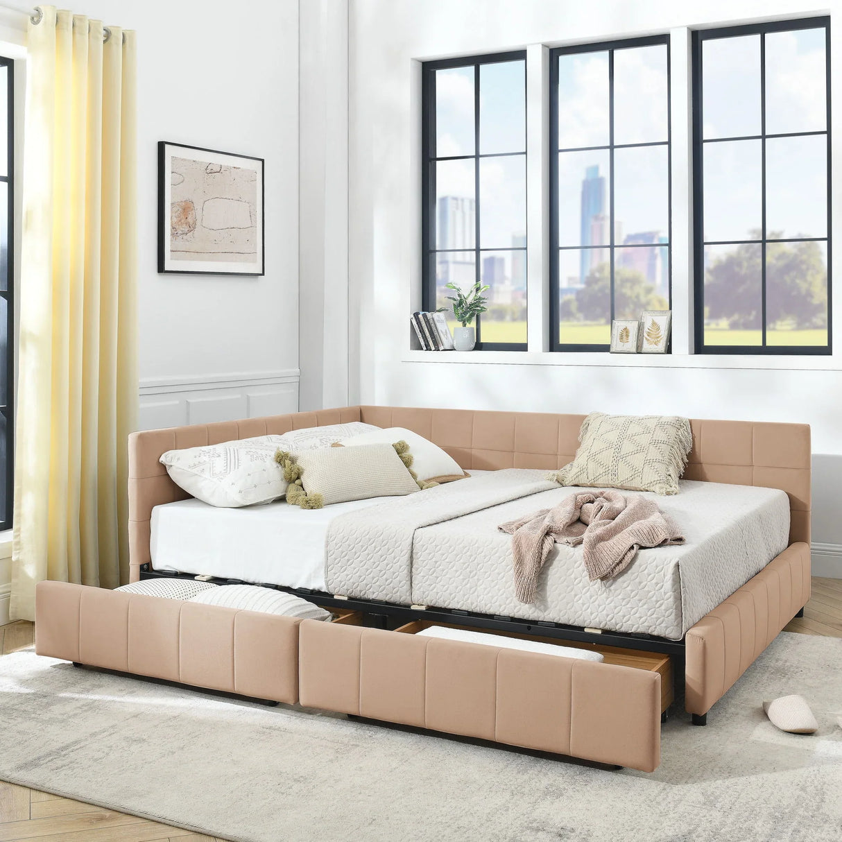 Mid-Century Storage Upholstered Tufted Bed Frame With Backrest And Armrests - Furniture Home Direct