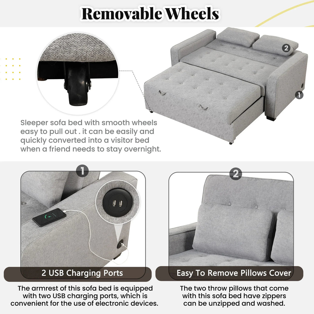 66.5" Upholstered Loveseat With Pull Out Bed, Two Throw Pillows, Dual USB Charging Port and Adjustable Backrest - Light Gray - Furniture Home Direct
