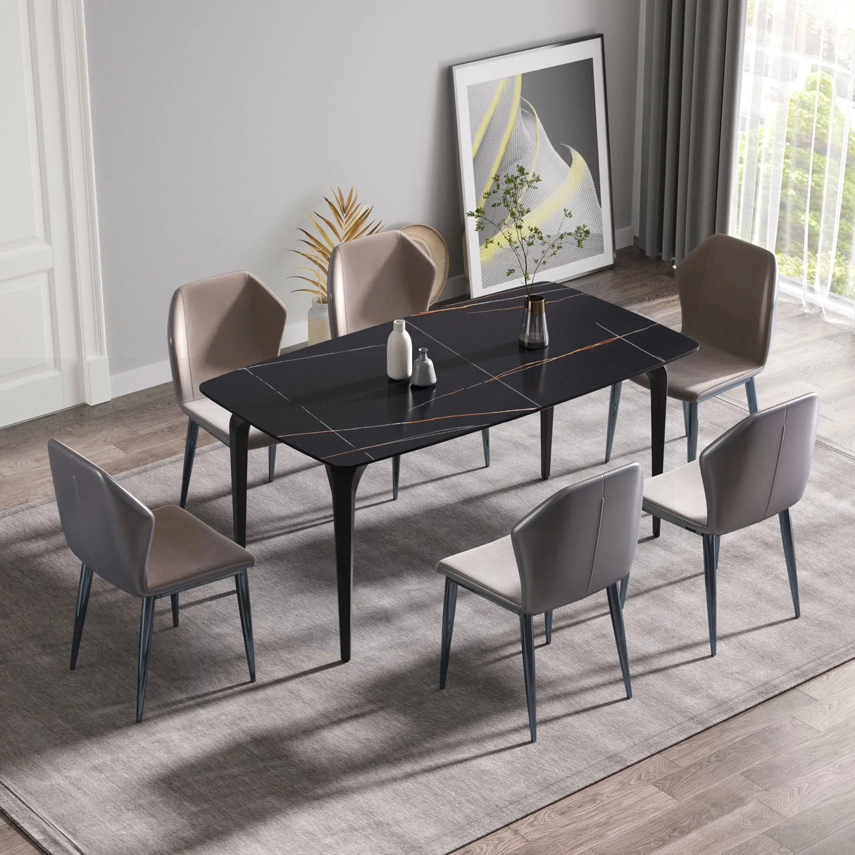63" Artificial Stone Black Curved Black Metal Leg Dining Table, 6 People - Black - Furniture Home Direct