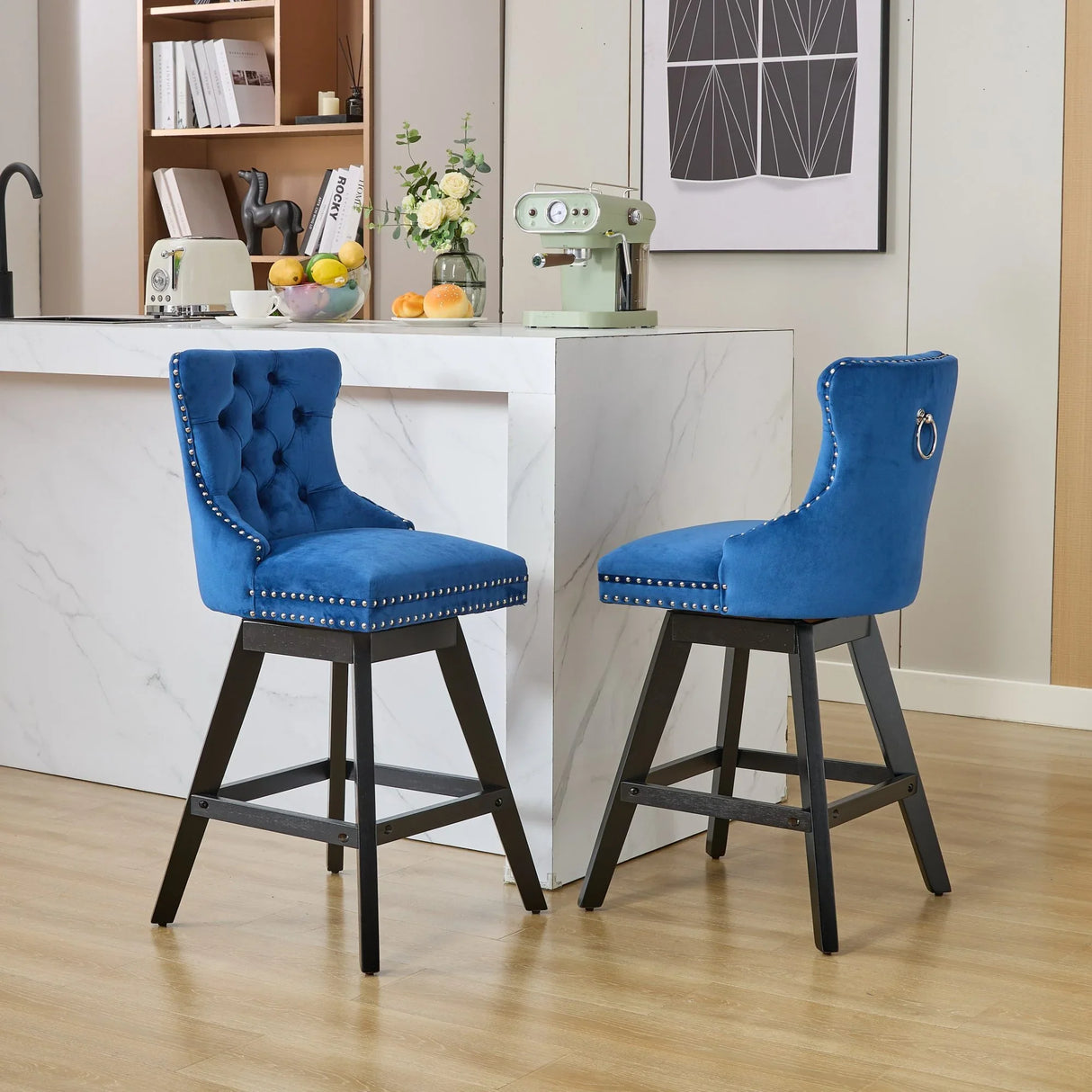 Bar Stools Swivel Velvet Tufted Nailhead Trim Set of 2 Blue - Furniture Home Direct