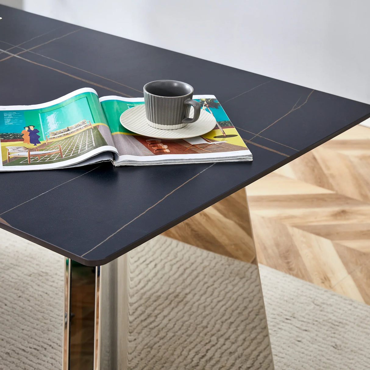 Dining Set Faux Marble Table With Black Chairs Silver - Furniture Home Direct