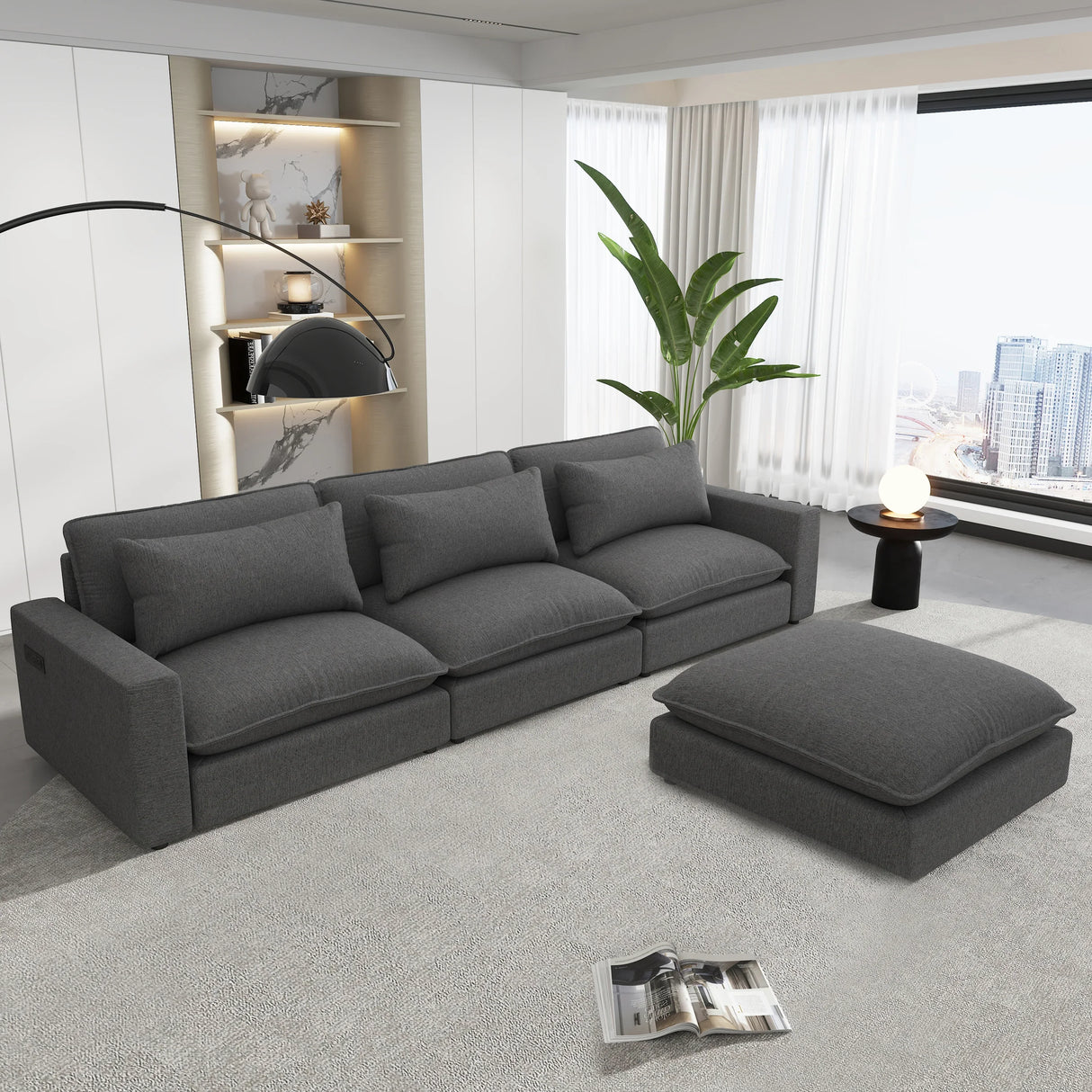 Chenille Cloud Sectional with Ottoman, Charging Ports and Three Back Pillows - Grey - Furniture Home Direct