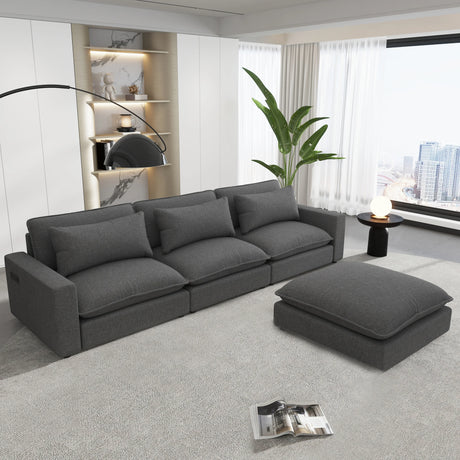 Chenille Cloud Sectional with Ottoman, Charging Ports and Three Back Pillows - Grey - Furniture Home Direct