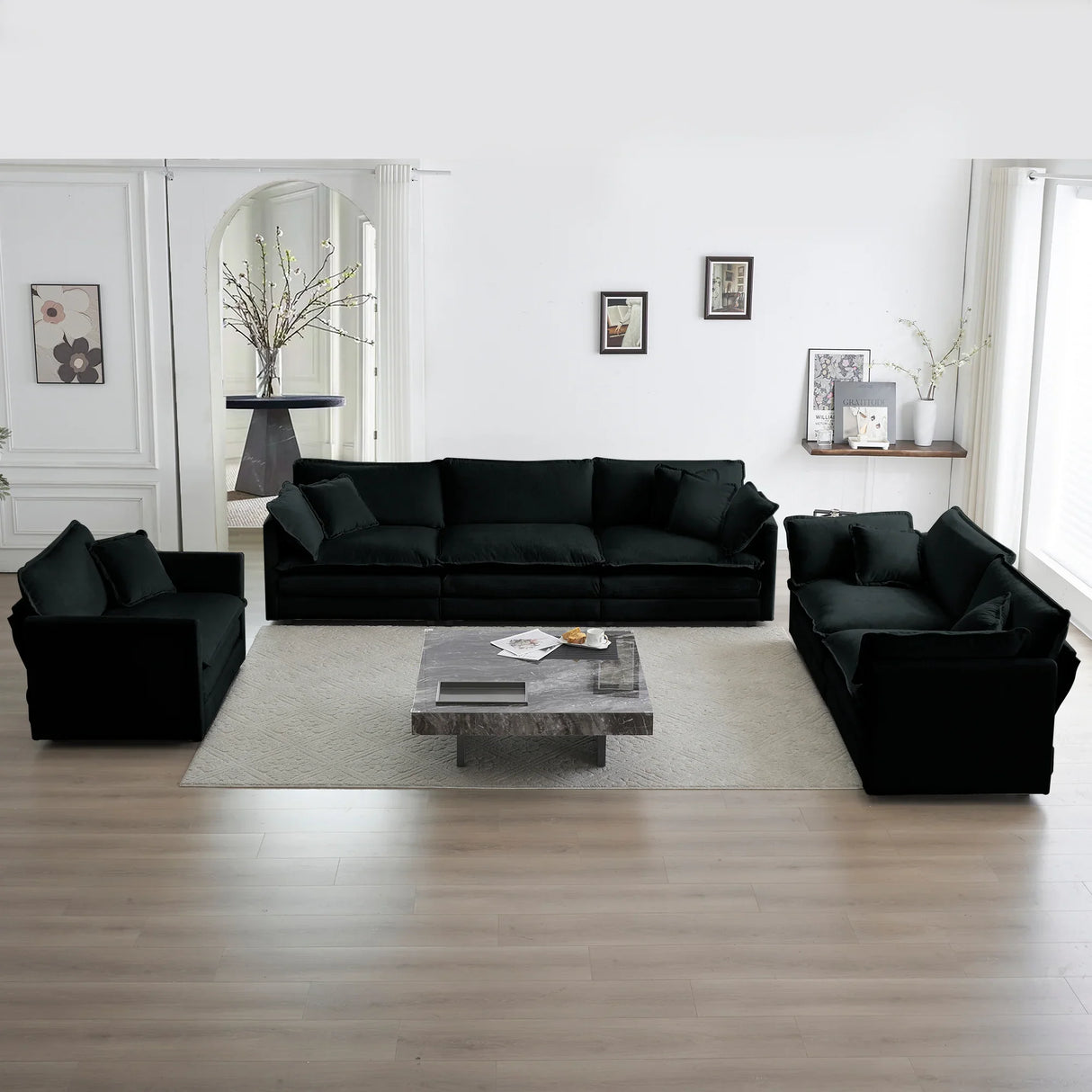 Modern Chenille 3 Piece Living Room Set - Black - Furniture Home Direct