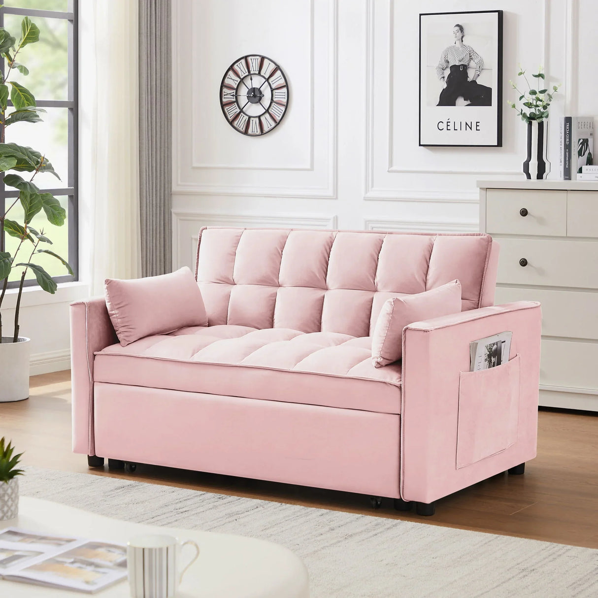 Modern Velvet Convertible Loveseat Futon Sofa With Pullout Bed, Reclining Backrest - Furniture Home Direct