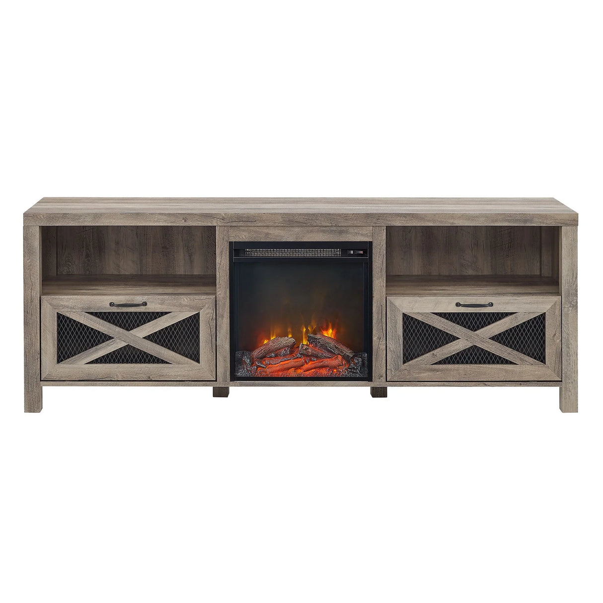 Industrial Farmhouse Metal Mesh Drop Down X Door Fireplace TV Stand - Furniture Home Direct