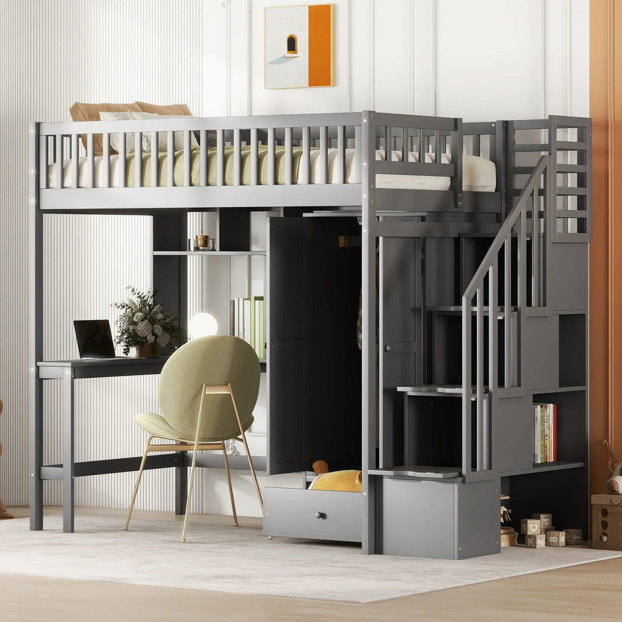 Loft Bed With Bookshelf, Drawers, Desk, And Wardrobe - Furniture Home Direct