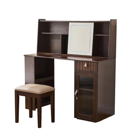 Modern Elegance Makeup Vanity Desk With Adjustable Lighted Mirror Storage Shelves Drawer And Cabinet - Walnut - Furniture Home Direct