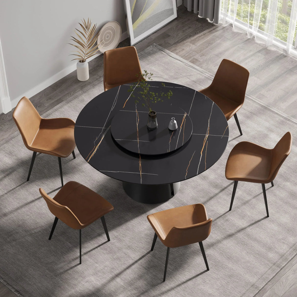 53.15" Round Modern Artificial Stone Carbon Steel Base Dining Table, Can Accommodate 6 People - Black / Gold - Furniture Home Direct