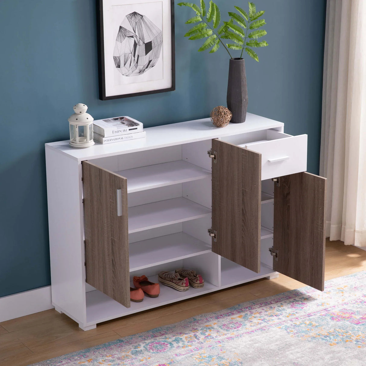 Shoe Storage Cabinet For 17 Pairs, Bedroom Cabinet With Drawer - Doors - White / Dark Taupe - Furniture Home Direct