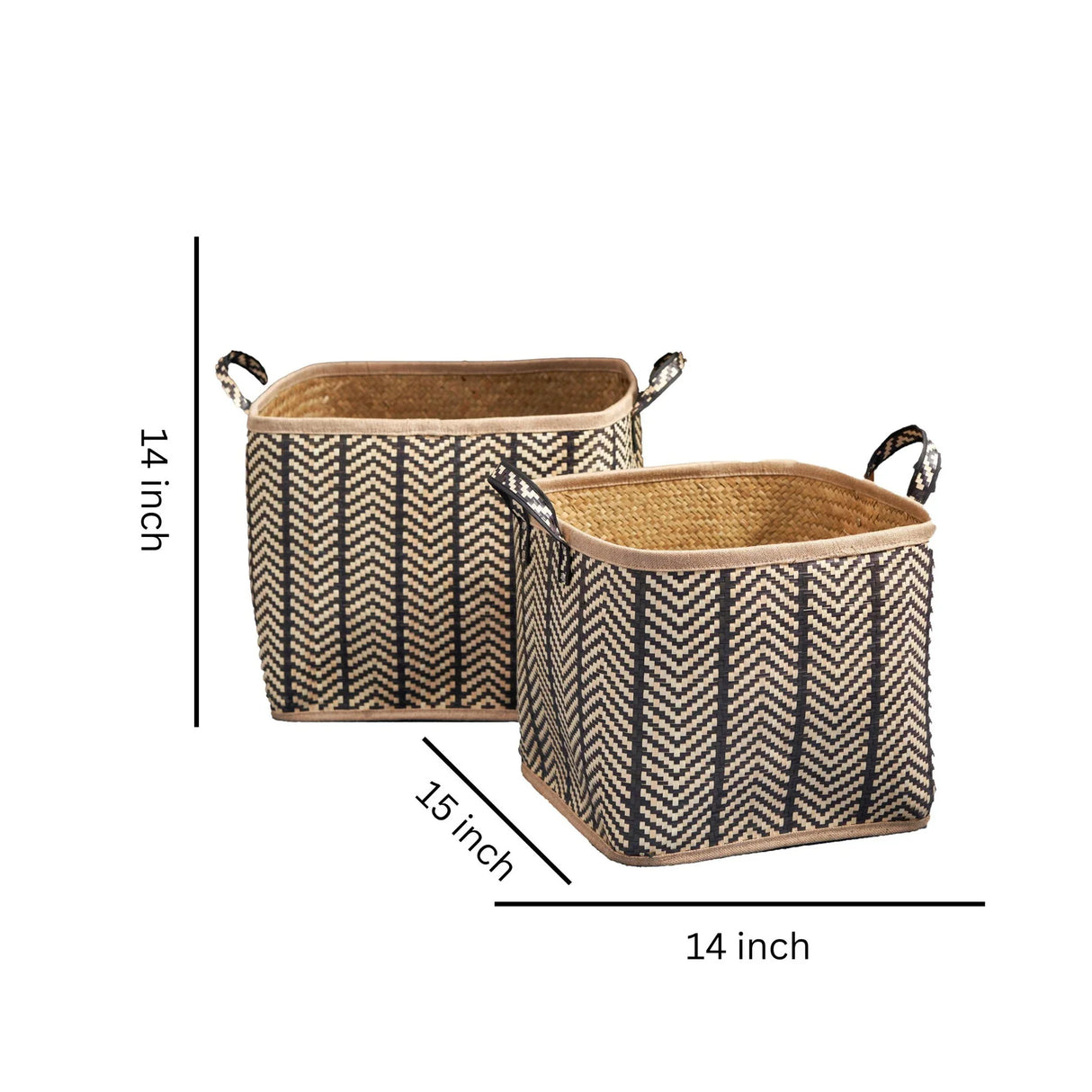 Square Palm Leaf Woven Wicker Storage Basket With Handles (Set of 2) - Back / Brown - Furniture Home Direct