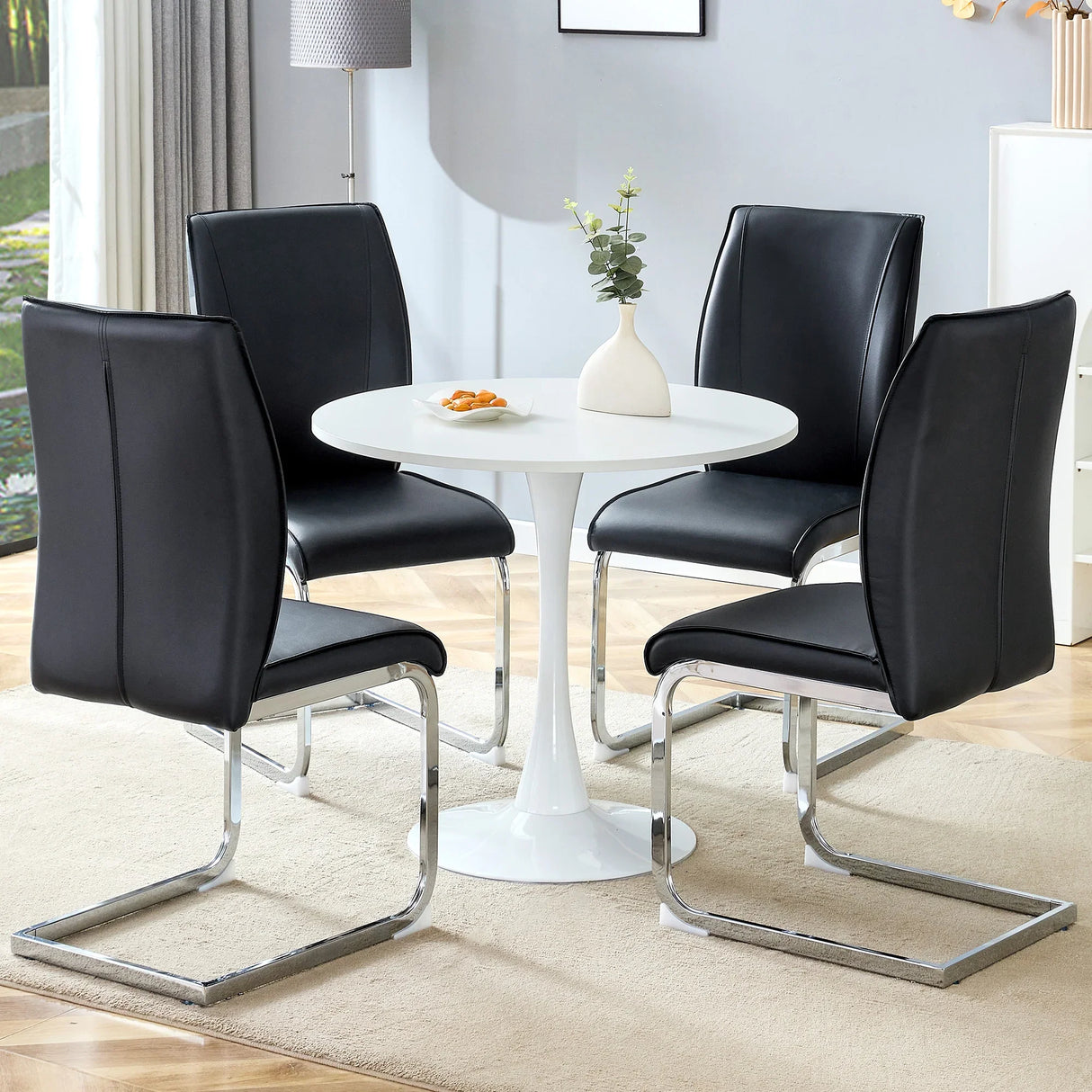 Dining Set Round White Table with PU Leather Chairs Black - Furniture Home Direct