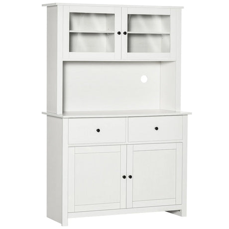 Homcom - 63.5" Kitchen Buffet With Hutch, Pantry Storage Cabinet With 4 Shelves, Drawers, Framed Glass Doors, Open Microwave Countertop - Antique White - Furniture Home Direct