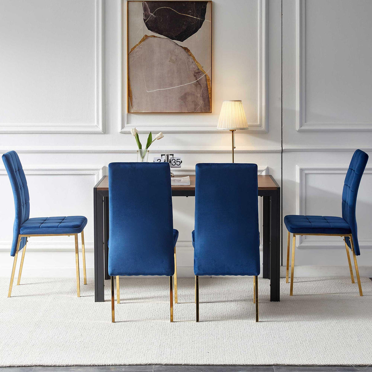 5 Pieces Dining Set Including Velvet High Back Golden Color Legs Nordic Dining Chair & Creative Design Dining Table - Furniture Home Direct